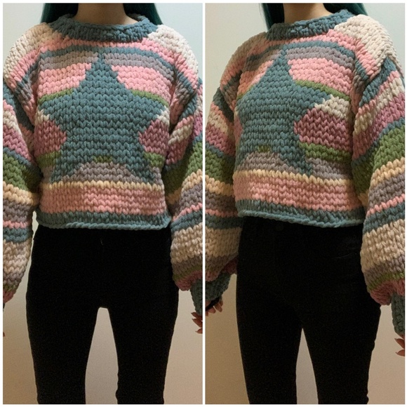 Pink Gray Tan Green Striped Star Graphic Chunky Chenille Knit Crop Sweater Y2k - Picture 4 of 4